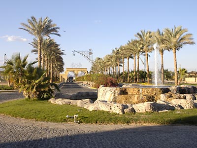 При входе на территорию отеля устроена стилизованная арка с пальмовой аллеей
